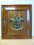 Oak framed panel with hand painted Coat of Arms to centre - mounted in an Oak frame