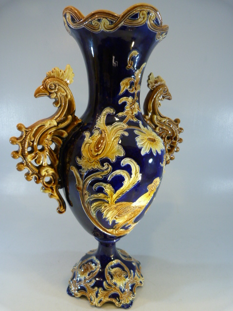 Wilhelm Schiller and Sohn Majolica vase - probably one of two. The twin handles modelled as - Image 4 of 6