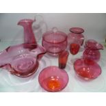 Antique Cranberry glassware - Two include Writhen vases, water jugs with clear handles and bowls