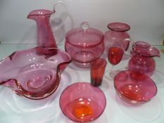 Antique Cranberry glassware - Two include Writhen vases, water jugs with clear handles and bowls