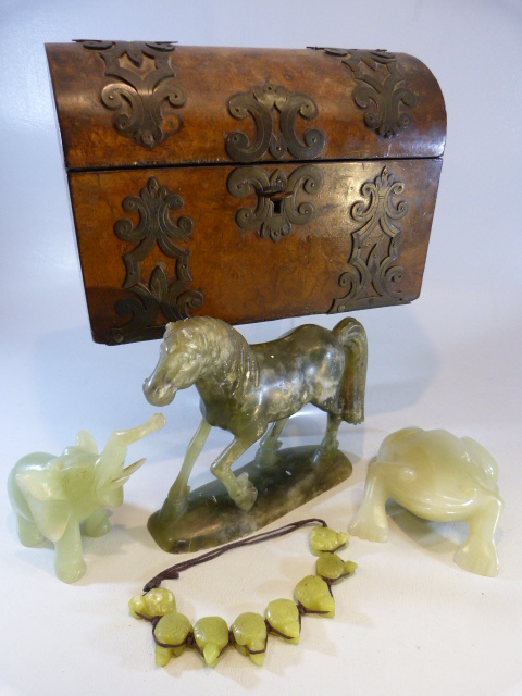 Small rosewood box containing small amount of Jade to include a Frog, Tang type horse, elephant