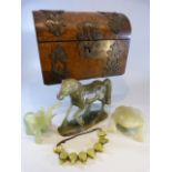 Small rosewood box containing small amount of Jade to include a Frog, Tang type horse, elephant