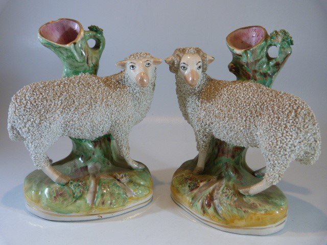 Staffordshire spill early vases - depicting sheep upon a rock. Decorated using pottery chips and - Image 3 of 8