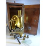 MICROSCOPE - J Swift and Son London Patent 24960. Lacquered brass microscope with fine focusing,