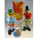 Two Murano glass clowns, Murano type vase and two pieces of Mdina (Scent bottle and paperweight)