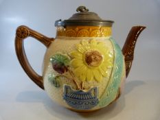 Victorian Majolica style teapot with pewter lid decorated with sunflowers