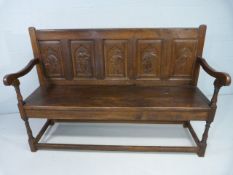 Antique plank bench with with five panels depicting 'Duke of Buckingham', 'William Shakespeare', '