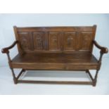 Antique plank bench with with five panels depicting 'Duke of Buckingham', 'William Shakespeare', '