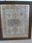 19th Century Sampler with poem to centre. Undated. Floral border with Apple tree below verse.