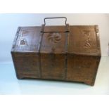 Indian Dowry Chest heavily carved metal bound with on third door size to front elevation.