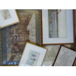 Selection of painting to include a Watercolour of a pond scene, one of a building, vintage maps etc