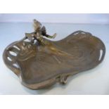 Art Nouveau style bronze card tray depicting a young maiden reading, L33 cm