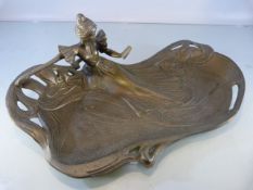 Art Nouveau style bronze card tray depicting a young maiden reading, L33 cm