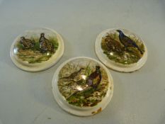 Three small prattware lids with fowl