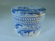 Turner blue and White pearlware pill pot. Early 19thc Century depicting country scenes