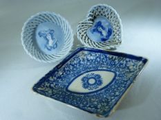 Unusual pair of early blue and white lattice pearlware trinket dishes along with a transfer ware