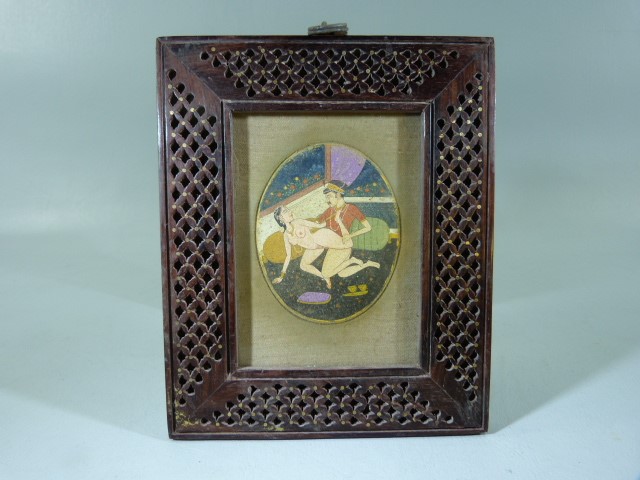 Indian Mughal watercolour on an oval panel depicting an Erotic scene - Image 3 of 3