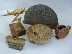 Unusual Indian metal type inkwell, Trinket box, brass plane on stand and an Art Nouveau letter