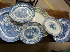 Six blue and white antique meat platters