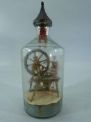 French Napoleonic Prisoner of War Spinning Jenny in bottle. The Bottle with stopper and rough pontil