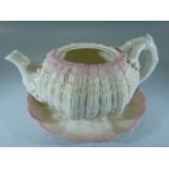 BELLEEK - Sea Urchin teapot (missing cover) and one saucer.