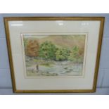 Interesting watercolour of fishermen on a river. Unsigned and framed.