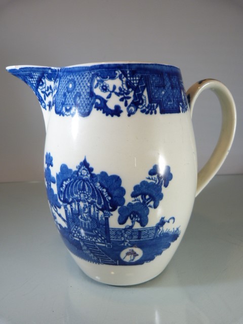 Staffordshire Pottery Blue and White pearl ware jug decorated with scenes of Royal Gardens along - Image 8 of 13