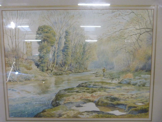 Andrew Miller - 1990 Watercolour of a Landscape with a man fishing. - Image 2 of 4