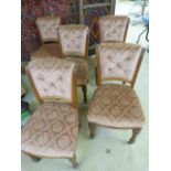 Set of five Victorian upholstered dining chairs with scroll backs on pilaster legs