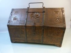 Indian Dowry Chest heavily carved metal bound with on third door size to front elevation.