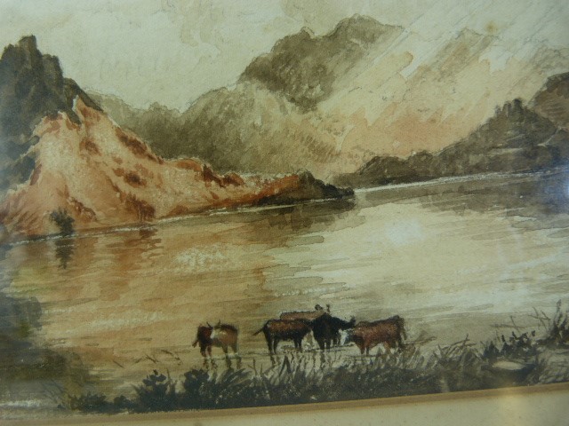 19th Century watercolour of Highland cattle amongst a lake with Hills in the Background. Unsigned. - Image 3 of 3