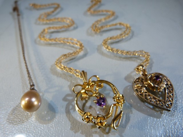 3 x Silver Pendant s on chains (1) Unmarked chain and faux drop Pearl. (2) Gold on 925 silver 18” - Image 2 of 5