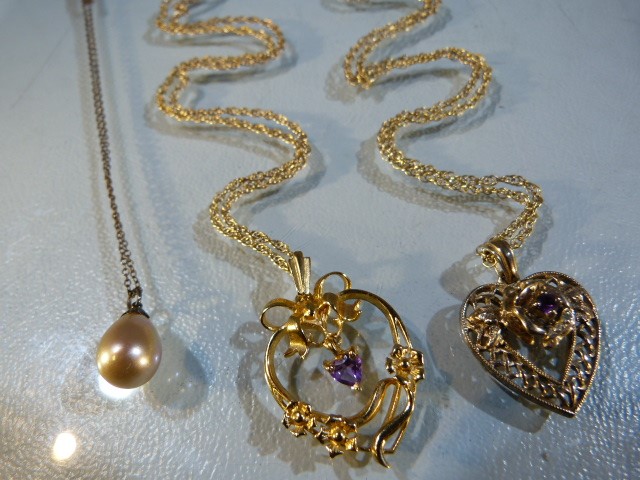 3 x Silver Pendant s on chains (1) Unmarked chain and faux drop Pearl. (2) Gold on 925 silver 18” - Image 3 of 5