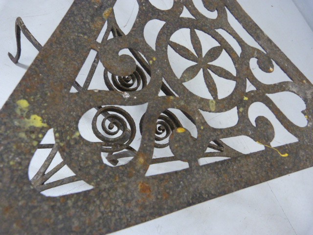 Georgian wrought iron trivet on pad feet with pierced design on top along with a simple swedish fire - Image 6 of 7