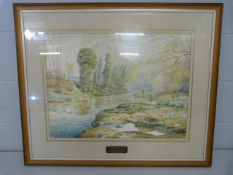 Andrew Miller - 1990 Watercolour of a Landscape with a man fishing.