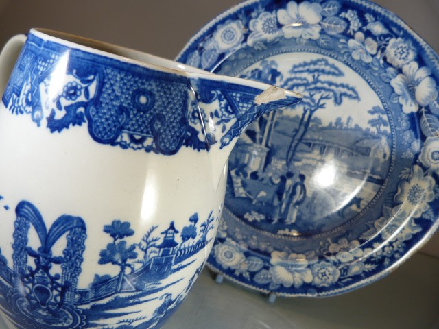 Staffordshire Pottery Blue and White pearl ware jug decorated with scenes of Royal Gardens along - Image 2 of 13