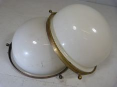 Two vintage white glass hanging shades with Brass fittings