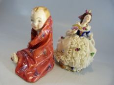 20th Century Dresden figure of a girl in Crinoline dress and a Royal Doulton figure of 'This