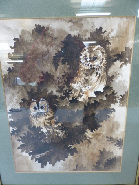 'Owls' framed Watercolour signed by Trevor Beer and 'Moor-Hens' framed Batik by Anne. A Bologna (2) - Image 2 of 5