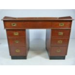 Mahogany Pedestal Desk with galleried back and campaign style handles to the drawers