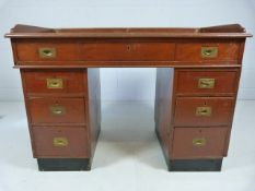 Mahogany Pedestal Desk with galleried back and campaign style handles to the drawers