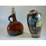 Cloisonne vase and a 1930's glass flagon