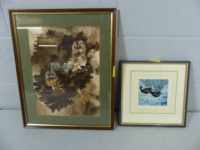 'Owls' framed Watercolour signed by Trevor Beer and 'Moor-Hens' framed Batik by Anne. A Bologna (2)