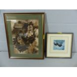 'Owls' framed Watercolour signed by Trevor Beer and 'Moor-Hens' framed Batik by Anne. A Bologna (2)