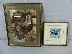 'Owls' framed Watercolour signed by Trevor Beer and 'Moor-Hens' framed Batik by Anne. A Bologna (2)