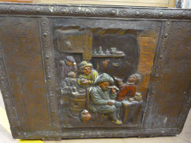 19th century Copper walking stick & umbrella stand with painted tavern scene to front. - Image 2 of 5