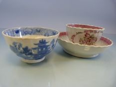 Pearlware Tea Bowl and saucer overglazed and painted. Along with a poss oriental blue and white