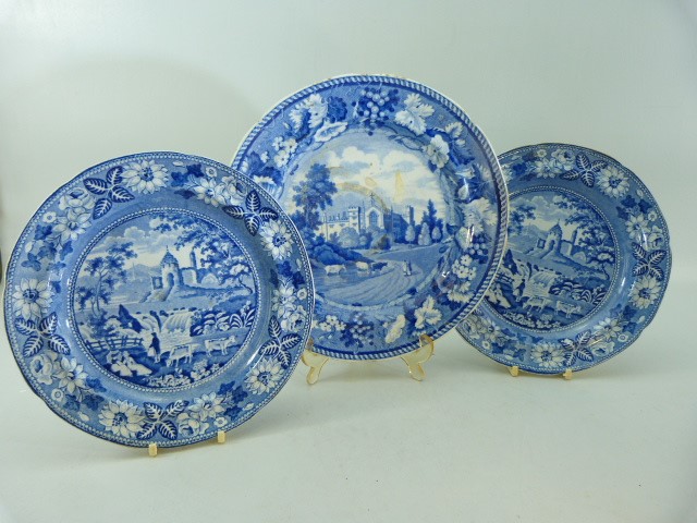 Lord Bryons House Pearlware Blue and white plate along with a pair of matching Pearlware plates -