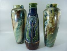 Art Nouveau vase in the manner of Royal Doulton (31cm) along with a pair of Lustre 'marbled'