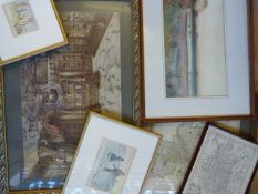 Selection of painting to include a Watercolour of a pond scene, one of a building, vintage maps etc